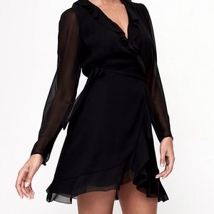 Aritzia Wilfred black chiffon Louise ruffled wrap dress with long sleeves
